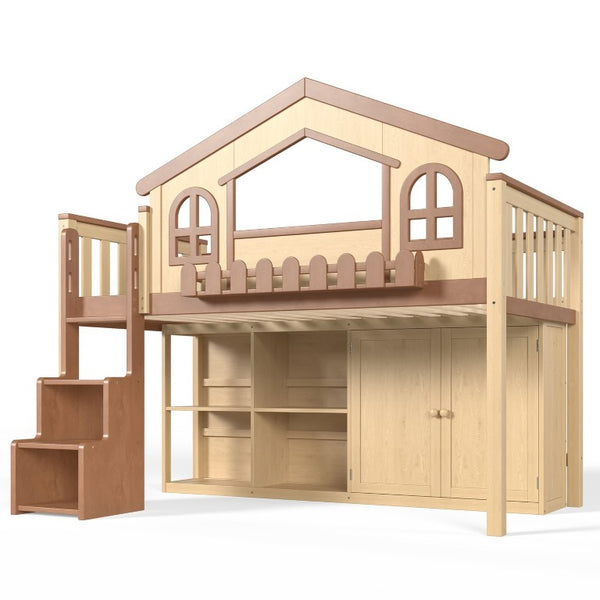 English Elm Queen Over Pine Wood Bunk Bed with Trundle Storage Shelf Converts to Two Platform Beds Natural+Deep Natural 78.5 L x 42.1 W x 65.6 H MDF,Pine,Plywood W5305S00246