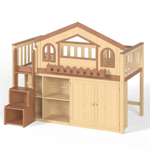 English Elm Queen Over Pine Wood Bunk Bed with Trundle Storage Shelf Converts to Two Platform Beds Natural+Deep Natural 78.5 L x 42.1 W x 65.6 H MDF,Pine,Plywood W5305S00246