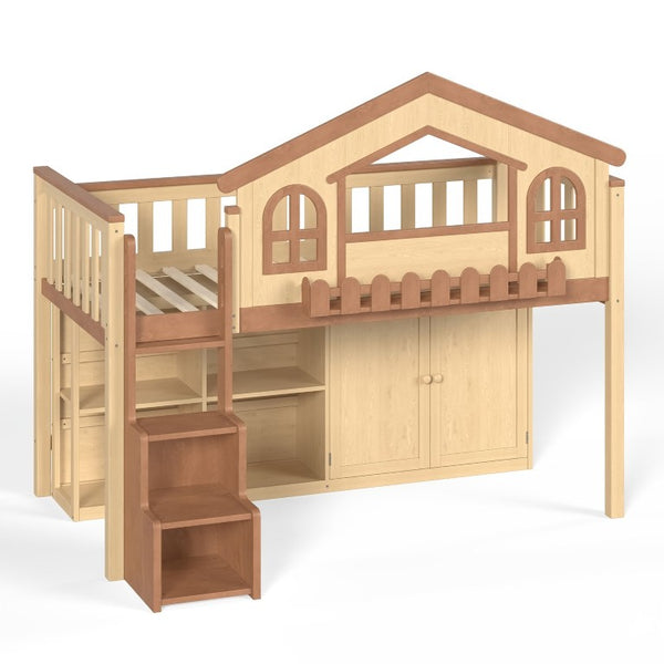 English Elm Queen Over Pine Wood Bunk Bed with Trundle Storage Shelf Converts to Two Platform Beds Natural+Deep Natural 78.5 L x 42.1 W x 65.6 H MDF,Pine,Plywood W5305S00246