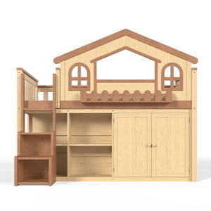 English Elm Queen Over Pine Wood Bunk Bed with Trundle Storage Shelf Converts to Two Platform Beds Natural+Deep Natural 78.5 L x 42.1 W x 65.6 H MDF,Pine,Plywood W5305S00246