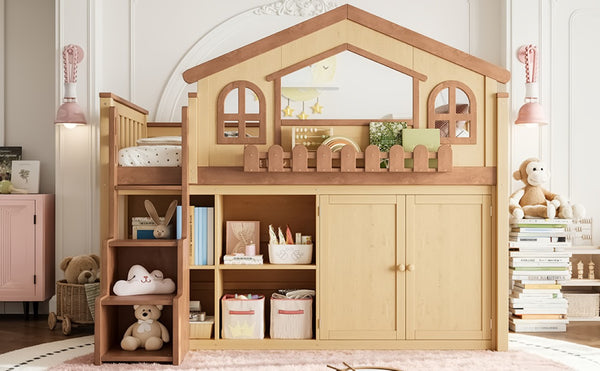 English Elm Queen Over Pine Wood Bunk Bed with Trundle Storage Shelf Converts to Two Platform Beds Natural+Deep Natural 78.5 L x 42.1 W x 65.6 H MDF,Pine,Plywood W5305S00246