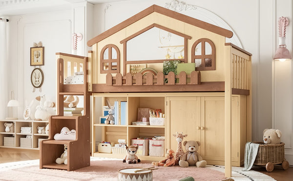 English Elm Queen Over Pine Wood Bunk Bed with Trundle Storage Shelf Converts to Two Platform Beds Natural+Deep Natural 78.5 L x 42.1 W x 65.6 H MDF,Pine,Plywood W5305S00246