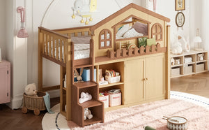English Elm Queen Over Pine Wood Bunk Bed with Trundle Storage Shelf Converts to Two Platform Beds Natural+Deep Natural 78.5 L x 42.1 W x 65.6 H MDF,Pine,Plywood W5305S00246