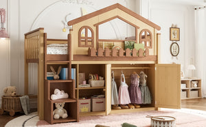 English Elm Queen Over Pine Wood Bunk Bed with Trundle Storage Shelf Converts to Two Platform Beds Natural+Deep Natural 78.5 L x 42.1 W x 65.6 H MDF,Pine,Plywood W5305S00246