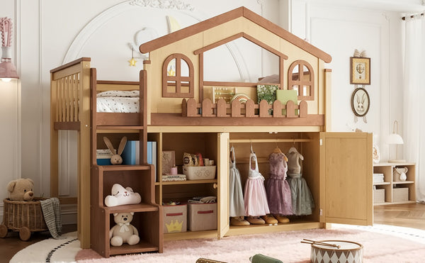 English Elm Queen Over Pine Wood Bunk Bed with Trundle Storage Shelf Converts to Two Platform Beds Natural+Deep Natural 78.5 L x 42.1 W x 65.6 H MDF,Pine,Plywood W5305S00246