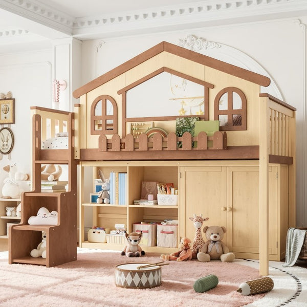 English Elm Queen Over Pine Wood Bunk Bed with Trundle Storage Shelf Converts to Two Platform Beds Natural+Deep Natural 78.5 L x 42.1 W x 65.6 H MDF,Pine,Plywood W5305S00246