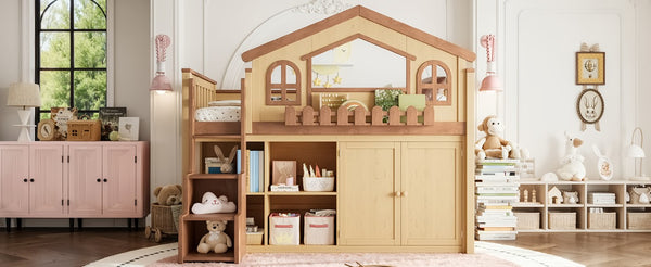 English Elm Queen Over Pine Wood Bunk Bed with Trundle Storage Shelf Converts to Two Platform Beds Natural+Deep Natural 78.5 L x 42.1 W x 65.6 H MDF,Pine,Plywood W5305S00246