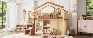English Elm Queen Over Pine Wood Bunk Bed with Trundle Storage Shelf Converts to Two Platform Beds Natural+Deep Natural 78.5 L x 42.1 W x 65.6 H MDF,Pine,Plywood W5305S00246