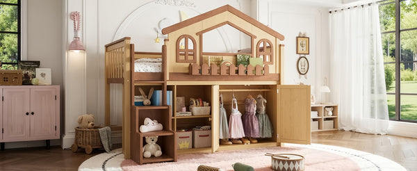 English Elm Queen Over Pine Wood Bunk Bed with Trundle Storage Shelf Converts to Two Platform Beds Natural+Deep Natural 78.5 L x 42.1 W x 65.6 H MDF,Pine,Plywood W5305S00246