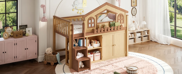English Elm Queen Over Pine Wood Bunk Bed with Trundle Storage Shelf Converts to Two Platform Beds Natural+Deep Natural 78.5 L x 42.1 W x 65.6 H MDF,Pine,Plywood W5305S00246