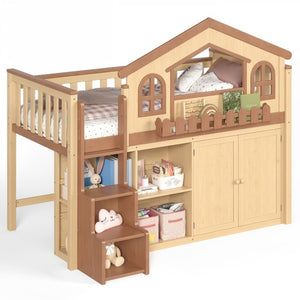 English Elm Queen Over Pine Wood Bunk Bed with Trundle Storage Shelf Converts to Two Platform Beds Natural+Deep Natural 78.5 L x 42.1 W x 65.6 H MDF,Pine,Plywood W5305S00246