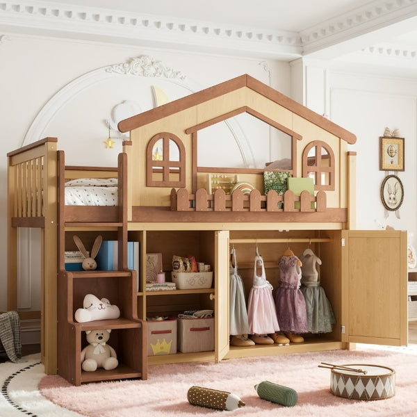 English Elm Queen Over Pine Wood Bunk Bed with Trundle Storage Shelf Converts to Two Platform Beds Natural+Deep Natural 78.5 L x 42.1 W x 65.6 H MDF,Pine,Plywood W5305S00246