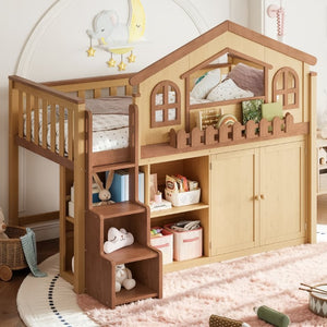 English Elm Queen Over Pine Wood Bunk Bed with Trundle Storage Shelf Converts to Two Platform Beds Natural+Deep Natural 78.5 L x 42.1 W x 65.6 H MDF,Pine,Plywood W5305S00246