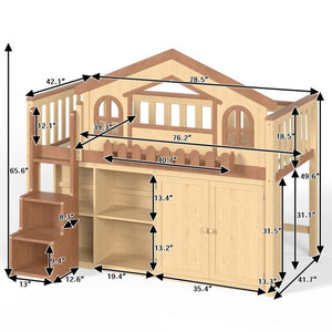 English Elm Queen Over Pine Wood Bunk Bed with Trundle Storage Shelf Converts to Two Platform Beds Natural+Deep Natural 78.5 L x 42.1 W x 65.6 H MDF,Pine,Plywood W5305S00246