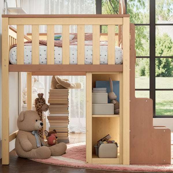 English Elm Queen Over Pine Wood Bunk Bed with Trundle Storage Shelf Converts to Two Platform Beds Natural+Deep Natural 78.5 L x 42.1 W x 65.6 H MDF,Pine,Plywood W5305S00246