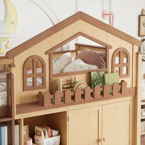 English Elm Queen Over Pine Wood Bunk Bed with Trundle Storage Shelf Converts to Two Platform Beds Natural+Deep Natural 78.5 L x 42.1 W x 65.6 H MDF,Pine,Plywood W5305S00246