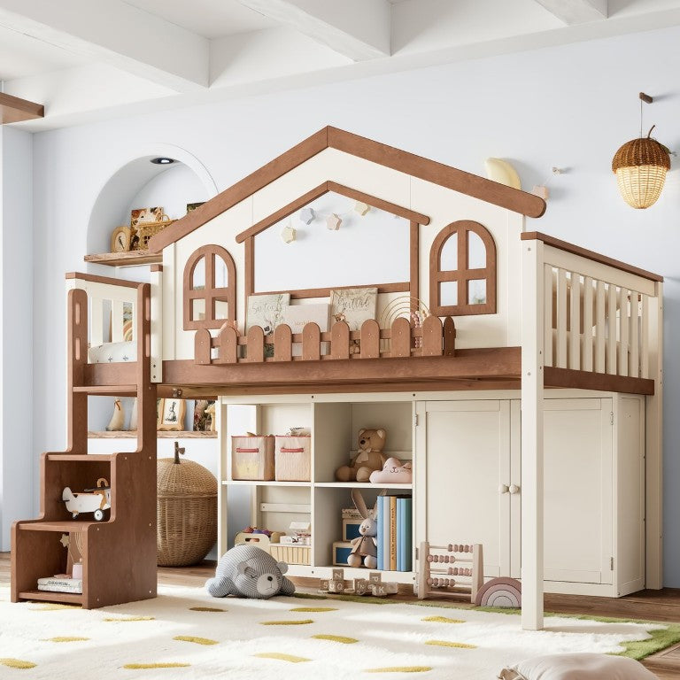 English Elm Twin Bunk Bed Playhouse with Pine Frame Stair Storage and Heart Window Shutters Twin Loft Bed with Storage Cabinet Beige+Natural W5305S00247