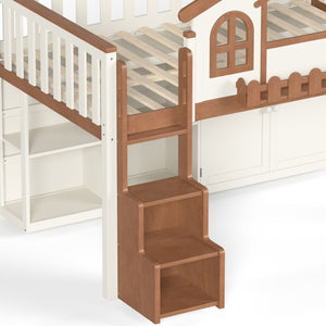 English Elm Twin Bunk Bed Playhouse with Pine Frame Stair Storage and Heart Window Shutters Twin Loft Bed with Storage Cabinet Beige+Natural W5305S00247