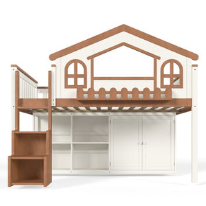 English Elm Twin Bunk Bed Playhouse with Pine Frame Stair Storage and Heart Window Shutters Twin Loft Bed with Storage Cabinet Beige+Natural W5305S00247