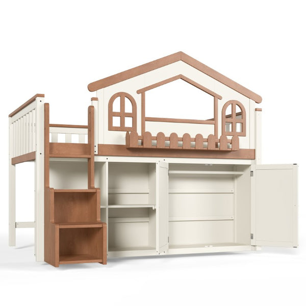 English Elm Twin Bunk Bed Playhouse with Pine Frame Stair Storage and Heart Window Shutters Twin Loft Bed with Storage Cabinet Beige+Natural W5305S00247
