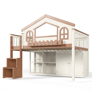 English Elm Twin Bunk Bed Playhouse with Pine Frame Stair Storage and Heart Window Shutters Twin Loft Bed with Storage Cabinet Beige+Natural W5305S00247