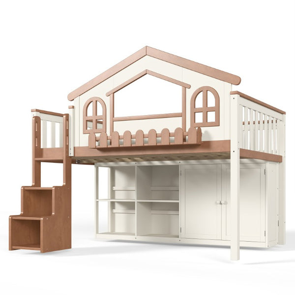 English Elm Twin Bunk Bed Playhouse with Pine Frame Stair Storage and Heart Window Shutters Twin Loft Bed with Storage Cabinet Beige+Natural W5305S00247