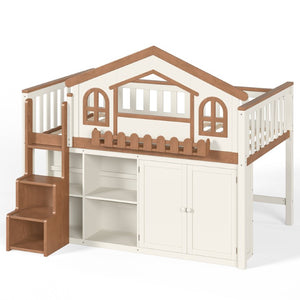 English Elm Twin Bunk Bed Playhouse with Pine Frame Stair Storage and Heart Window Shutters Twin Loft Bed with Storage Cabinet Beige+Natural W5305S00247