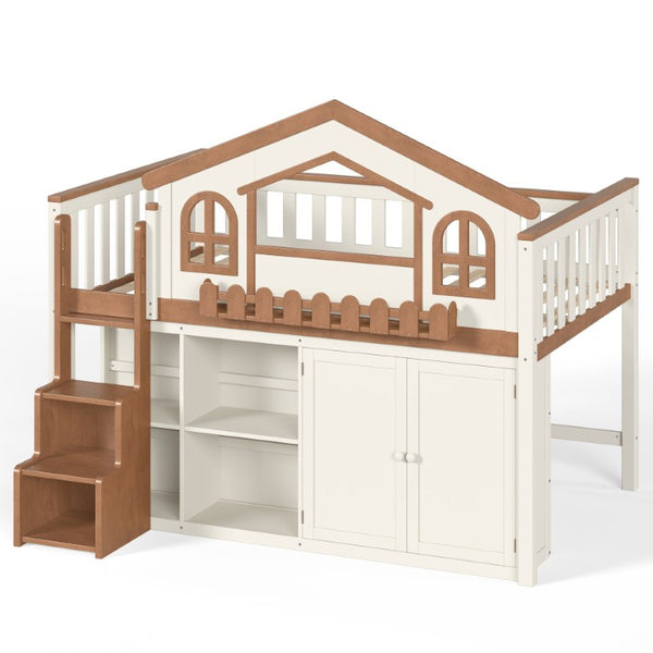 English Elm Twin Bunk Bed Playhouse with Pine Frame Stair Storage and Heart Window Shutters Twin Loft Bed with Storage Cabinet Beige+Natural W5305S00247