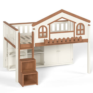 English Elm Twin Bunk Bed Playhouse with Pine Frame Stair Storage and Heart Window Shutters Twin Loft Bed with Storage Cabinet Beige+Natural W5305S00247