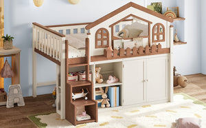 English Elm Twin Bunk Bed Playhouse with Pine Frame Stair Storage and Heart Window Shutters Twin Loft Bed with Storage Cabinet Beige+Natural W5305S00247