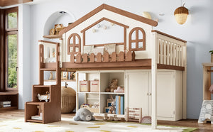 English Elm Twin Bunk Bed Playhouse with Pine Frame Stair Storage and Heart Window Shutters Twin Loft Bed with Storage Cabinet Beige+Natural W5305S00247
