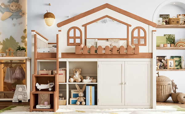 English Elm Twin Bunk Bed Playhouse with Pine Frame Stair Storage and Heart Window Shutters Twin Loft Bed with Storage Cabinet Beige+Natural W5305S00247