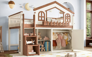 English Elm Twin Bunk Bed Playhouse with Pine Frame Stair Storage and Heart Window Shutters Twin Loft Bed with Storage Cabinet Beige+Natural W5305S00247