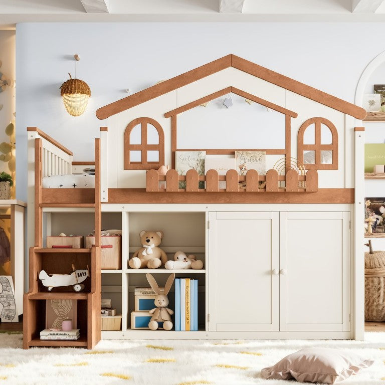 English Elm Twin Bunk Bed Playhouse with Pine Frame Stair Storage and Heart Window Shutters Twin Loft Bed with Storage Cabinet Beige+Natural W5305S00247