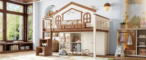 English Elm Twin Bunk Bed Playhouse with Pine Frame Stair Storage and Heart Window Shutters Twin Loft Bed with Storage Cabinet Beige+Natural W5305S00247