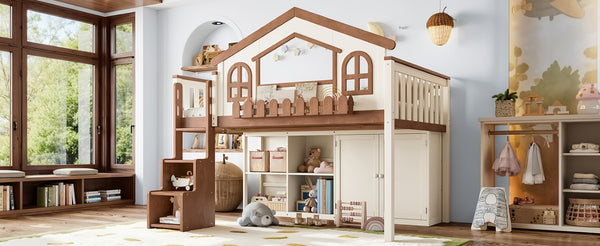 English Elm Twin Bunk Bed Playhouse with Pine Frame Stair Storage and Heart Window Shutters Twin Loft Bed with Storage Cabinet Beige+Natural W5305S00247