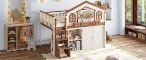 English Elm Twin Bunk Bed Playhouse with Pine Frame Stair Storage and Heart Window Shutters Twin Loft Bed with Storage Cabinet Beige+Natural W5305S00247