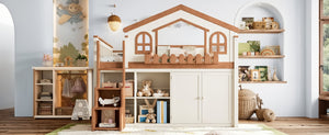 English Elm Twin Bunk Bed Playhouse with Pine Frame Stair Storage and Heart Window Shutters Twin Loft Bed with Storage Cabinet Beige+Natural W5305S00247