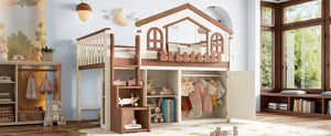 English Elm Twin Bunk Bed Playhouse with Pine Frame Stair Storage and Heart Window Shutters Twin Loft Bed with Storage Cabinet Beige+Natural W5305S00247