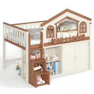 English Elm Twin Bunk Bed Playhouse with Pine Frame Stair Storage and Heart Window Shutters Twin Loft Bed with Storage Cabinet Beige+Natural W5305S00247