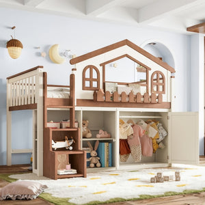 English Elm Twin Bunk Bed Playhouse with Pine Frame Stair Storage and Heart Window Shutters Twin Loft Bed with Storage Cabinet Beige+Natural W5305S00247