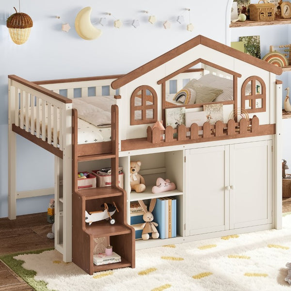 English Elm Twin Bunk Bed Playhouse with Pine Frame Stair Storage and Heart Window Shutters Twin Loft Bed with Storage Cabinet Beige+Natural W5305S00247