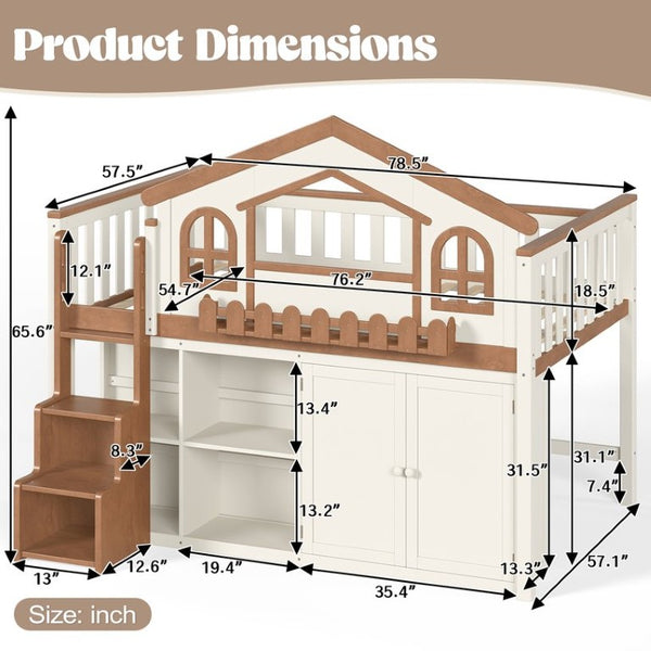 English Elm Twin Bunk Bed Playhouse with Pine Frame Stair Storage and Heart Window Shutters Twin Loft Bed with Storage Cabinet Beige+Natural W5305S00247