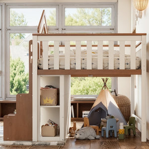 English Elm Twin Bunk Bed Playhouse with Pine Frame Stair Storage and Heart Window Shutters Twin Loft Bed with Storage Cabinet Beige+Natural W5305S00247