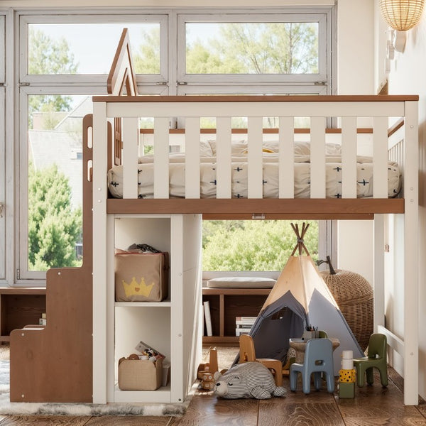 English Elm Twin Bunk Bed Playhouse with Pine Frame Stair Storage and Heart Window Shutters Twin Loft Bed with Storage Cabinet Beige+Natural W5305S00247