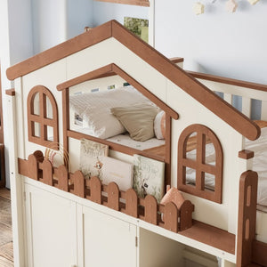 English Elm Twin Bunk Bed Playhouse with Pine Frame Stair Storage and Heart Window Shutters Twin Loft Bed with Storage Cabinet Beige+Natural W5305S00247