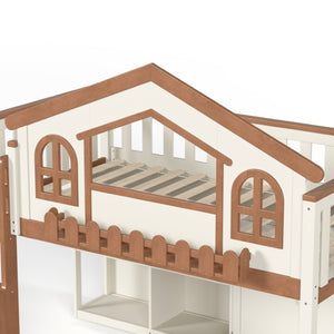 English Elm Twin Bunk Bed Playhouse with Pine Frame Stair Storage and Heart Window Shutters Twin Loft Bed with Storage Cabinet Beige+Natural W5305S00247