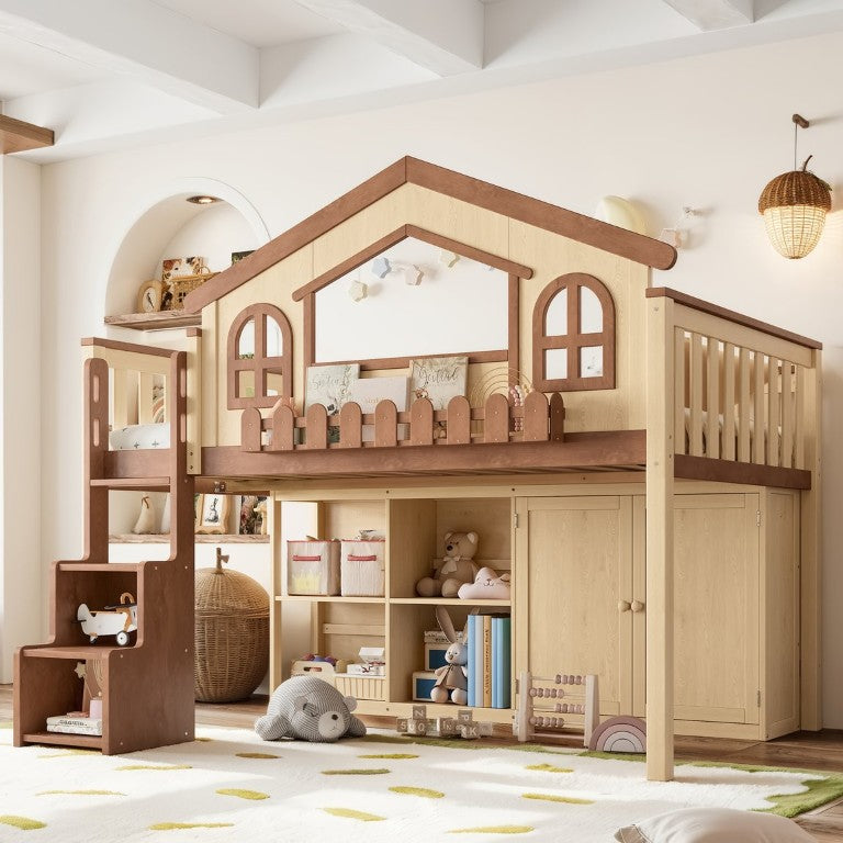 English Elm Full House Shaped Kids Loft Bed Solid Wood Frame with Cabinet Stairs and Shelves Natural MDF,Pine,Plywood W5305S00248