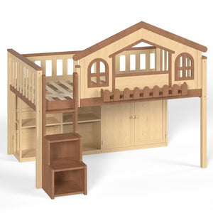 English Elm Full House Shaped Kids Loft Bed Solid Wood Frame with Cabinet Stairs and Shelves Natural MDF,Pine,Plywood W5305S00248