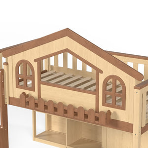 English Elm Full House Shaped Kids Loft Bed Solid Wood Frame with Cabinet Stairs and Shelves Natural MDF,Pine,Plywood W5305S00248